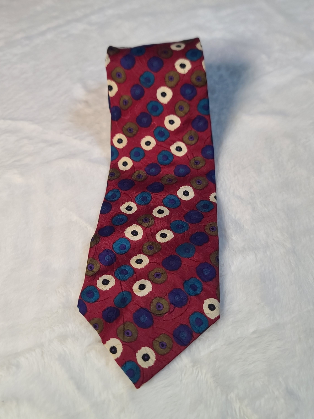 Bugatti Maroon Tie with Blue, Cream, and Olive Dot Pattern